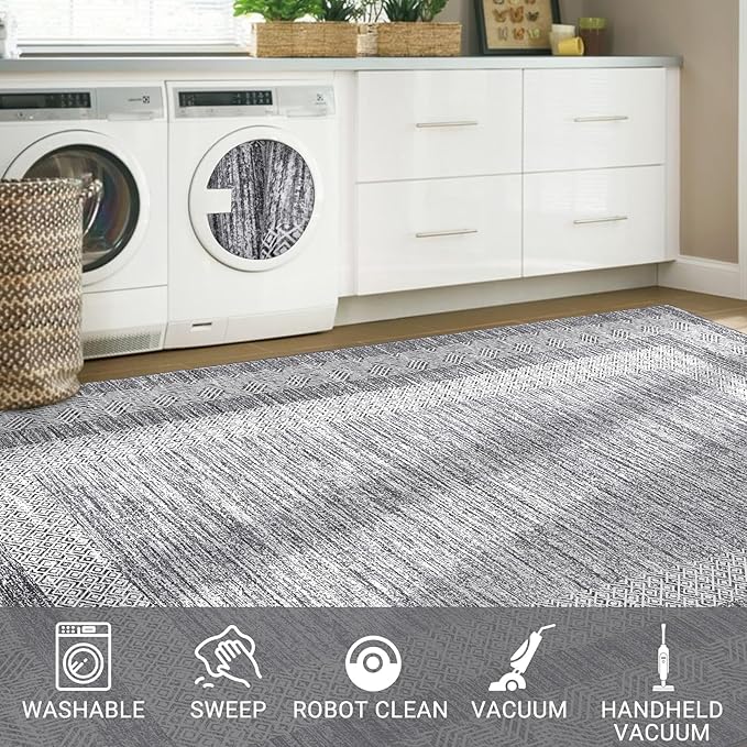 GarveeHome 2.5x8 Modern Bordered Runner Rug Soft Non Slip Washable Floor Carpet Distressed Geometric Hallway Indoor Printed Rug for Kitchen Entrance, Gray