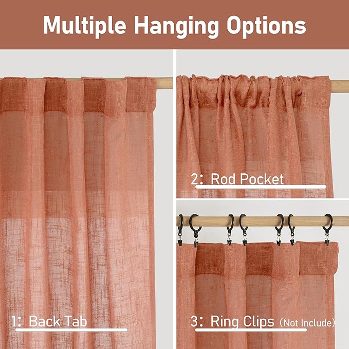 LAMIT Semi Sheer Linen Curtains for Living Room, Back Tab and Rod Pocket Terracotta Curtains Light Filtering Country Rustic Neutral Drapes for Bedroom/Farmhouse, 2 Panels, 52 x 102 Inch