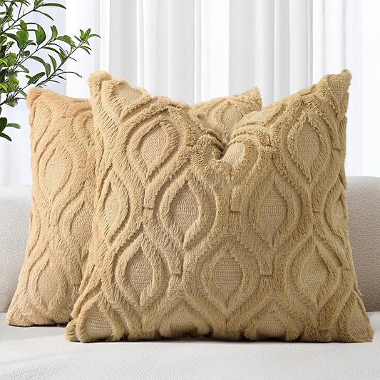 decorUhome Throw Pillow Covers 20x20 Inch Set of 2, Soft Plush Faux Wool Khaki Solid Couch Pillow Covers, Accent Farmhouse Neutral Square Pillow Cases for Sofa Bed Living Room