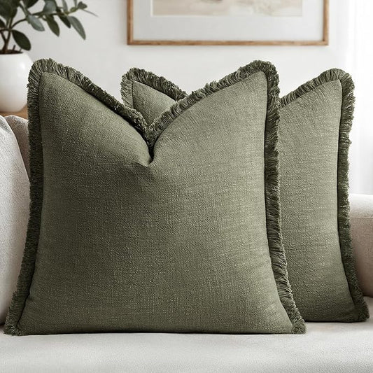 MIULEE Decorative Throw Pillow Covers Neutral Linen Fringe Throw Pillows Set of 2 Olive Green Boho Farmhouse Cushion Covers with Tassels for Couch Sofa Bed Living Room Spring Home Decor 20x20 Inch