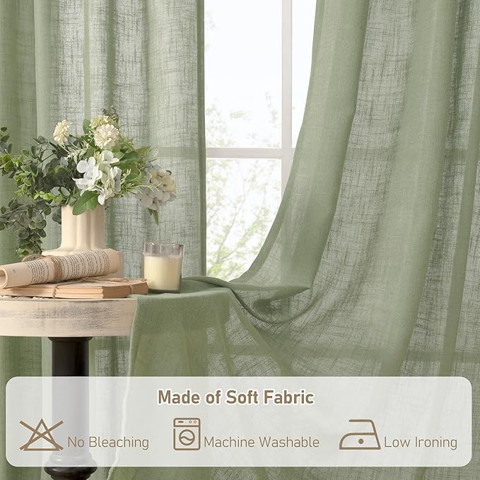 LAMIT Sage Green Linen Semi Sheer Curtains 63 Inch for Bedroom, Light Filtering Neutral Window Curtains Farmhouse Boho Back Tab and Rod Pocket Panels, 2 Panels, 38 x 63 Inch
