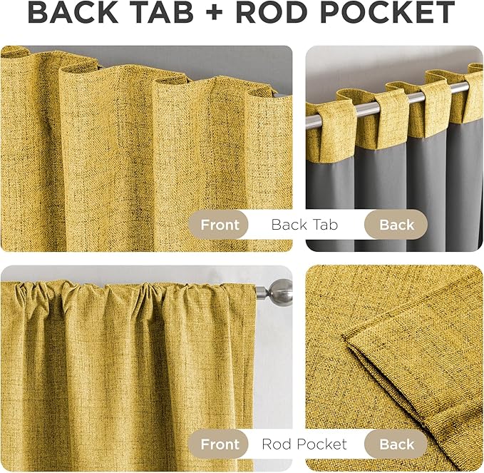Joydeco Linen Blackout Curtains for Bedroom - 100% Light Blocking 1 Panels, Yellow Drapes 70" W x 90" L, Thermal Insulated Room Darkening Curtains for Living Room, Rod Pocket & Back Tabs