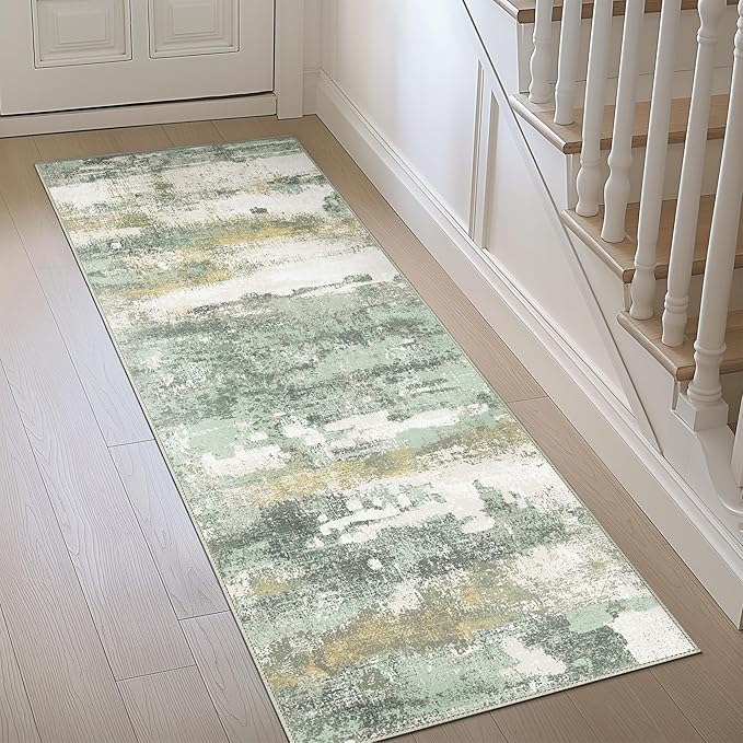 BEIMO Runner Rug for Hallway Kitchen, 2x5 Machine Washable Runners Rug for Entryway, Soft Modern Abstract Throw Rugs, Low Pile Floor Cover with Non Slip Backing, Light Green