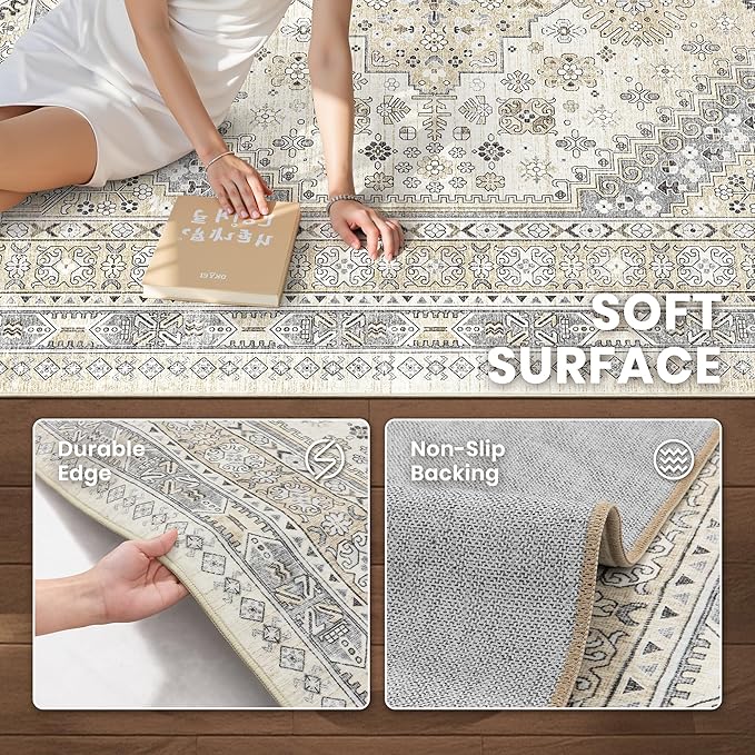 zesthome 2x3 Entryway Rug, Soft Washable Rugs, Non Slip Area Rug, Stain Resistant Low Pile Rugs for Bedroom, Vintage Rug for Door Mat, Kitchen (Beige,2'x3')