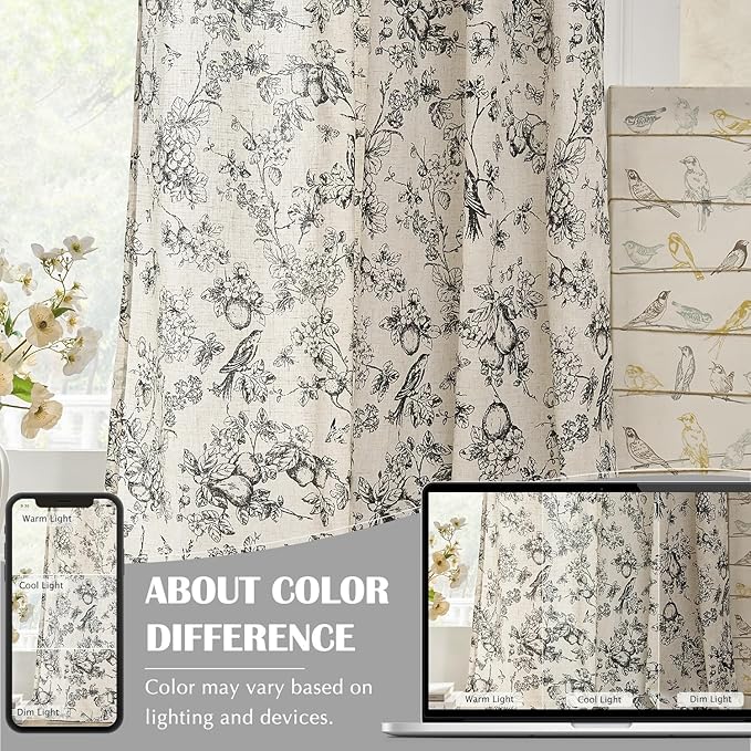jinchan Linen Floral Curtains for Living Room 63 Inch Length Black Printed Flower Light Filtering French Country Curtain Farmhouse Cottage Core Toile Curtains Back Tab Window Drapes Set 2 Panels