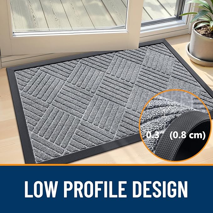 OLANLY Front Door Mat Outside Entrance 35x23, Absorbent, Heavy Duty Sturdy Natural Rubber Doormat Indoor Outdoor, Stain Fade Resistant, Non-Slip Low Profile Floor Mat Entryway, Charcoal Gray Diamond