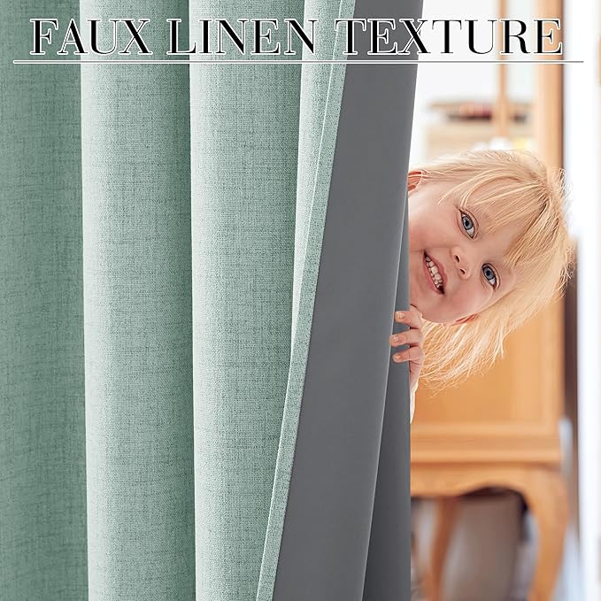 RYB HOME 100% Blackout Linen Textured Curtains 84 inches Long, Thermal Insulating Privacy Energy Saving for Bedroom Living Room Window Office Theater Baby Nursery, W 52 x L 84 in, Aqua, 2 Panels
