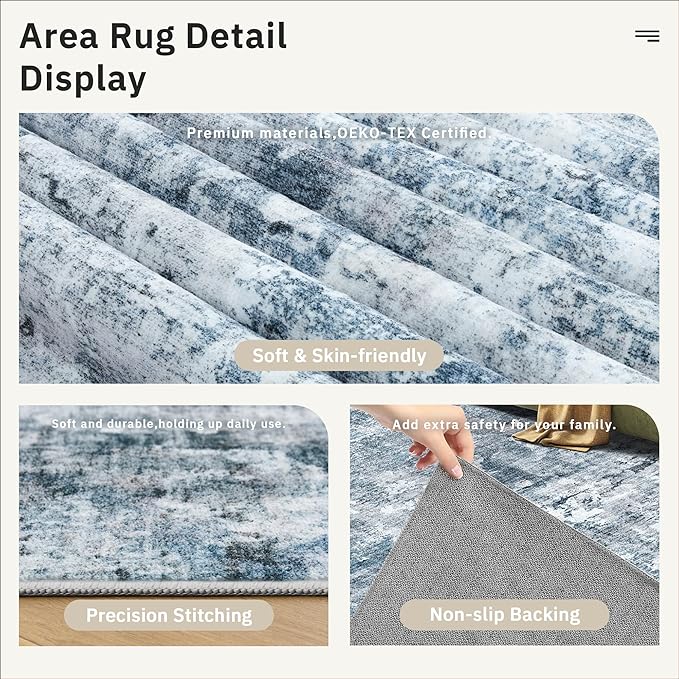 Washable Runner Rug, 2'6" x 8' Non-Slip Kitchen Vintage Foldable Hallway Runners for Entryway, Laundry, Bedroom, Blue