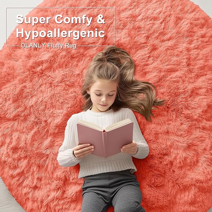 OLANLY Coral Red Round Rugs for Bedroom - Machine Washable, 7 ft Circle Area Rugs for Living Room, Soft and Fluffy Shaggy Carpet for Teen Girl and Boys, Nursery Rooms, Dorms, Home Decor Aesthetic