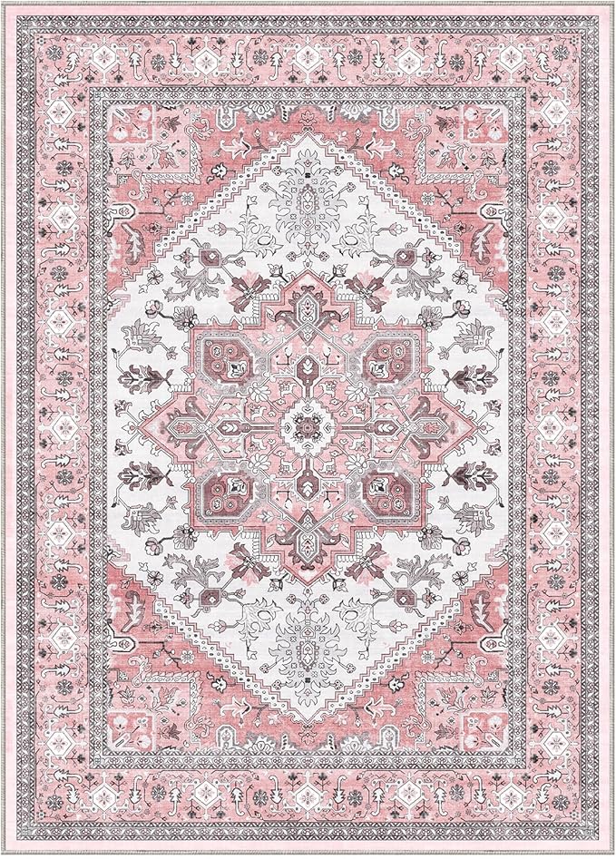 OPPODREAM Soft Area Rugs 5x7, 5x7 Washable Rug with Non Slip Backing, 5 x 7 Faux Cashmere Low-Pile Carpet, Pink & Cream