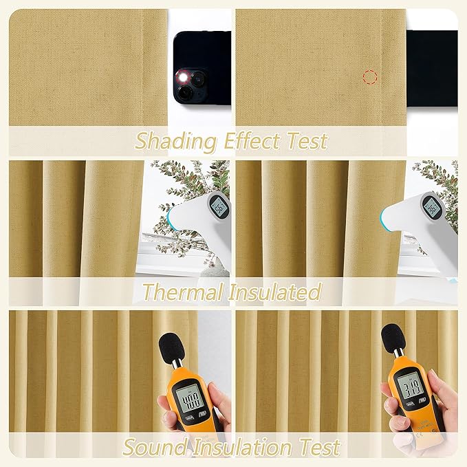Guken 100% Blackout Curtains 90 Inch Length 2 Panels Set for Living Room Bedroom Back Tab Thermal Insulated Black Out Linen Drapes Room Darkening Window Curtains 90 Inches Long,Gold Yellow