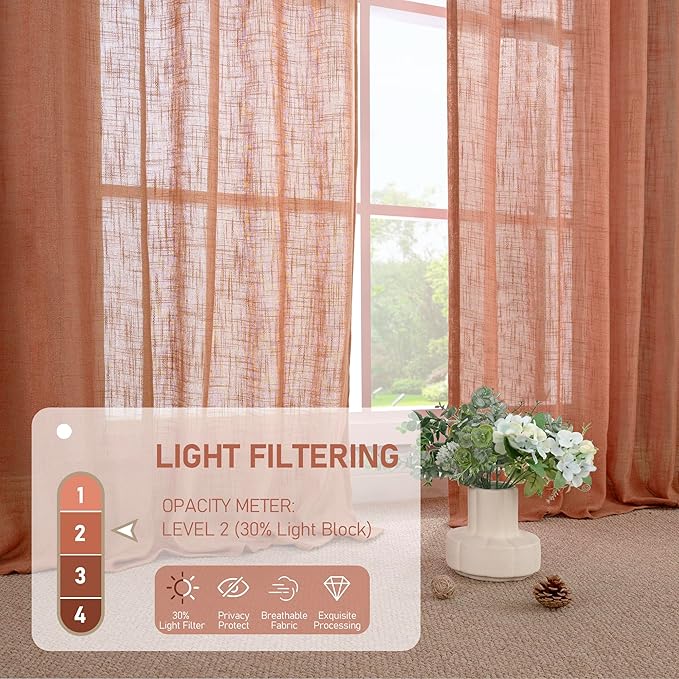 LAMIT Short Window Linen Curtains 36 Inch Length 2 Panels, Terracotta Light Filtering Panels Back Tab and Rod Pocket Neutral Drapes for Bathroom/Loft Room, 34 x 36 Inch