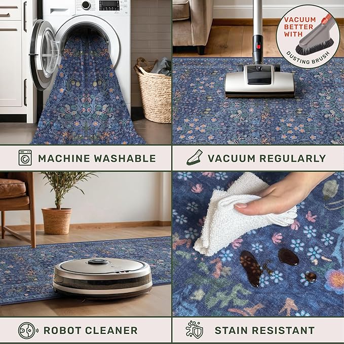 Dark Blue 2'6" x 10' Long Runner Rugs for Hallway, Oriental Floral Washable Non Slip Rug for Kitchen, Entryway Stain Resistant - Vintage Navy Blue Geometric Floral Décor