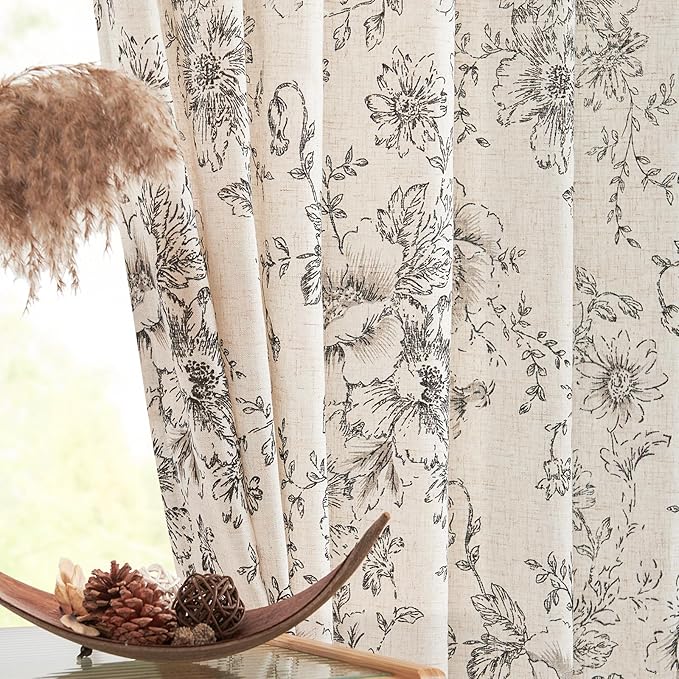 jinchan Lined Linen Blend Curtain Floral Curtains for Living Room 63 Inch Length Black Peony Flower Printed Curtain Back Tab Farmhouse Patterned Drapes Bedroom Window Curtains Set 2 Panels