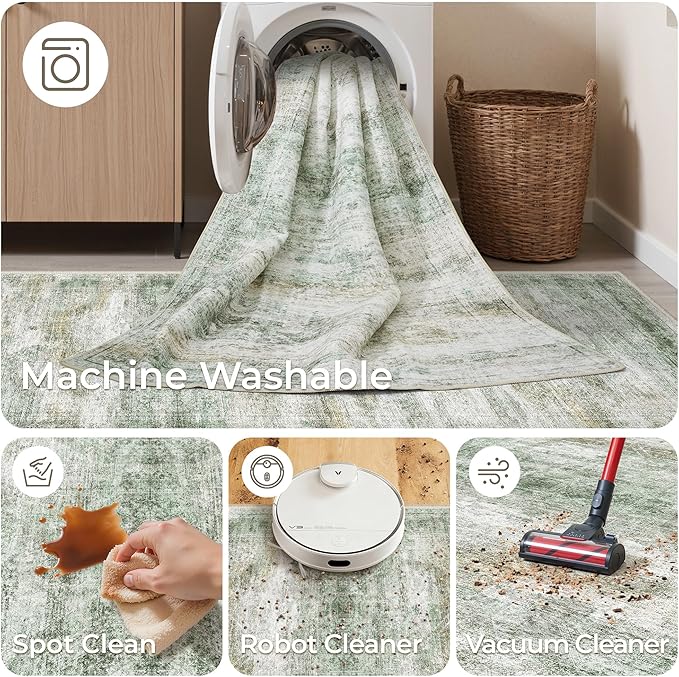 Washable Runner Rugs for Bedroom - 2x6 Runner Rug Non Slip, Ultra-Thin Entryway Runner, Soft Abstract Kitchen Runner for Hallway, Laundry, Indoor Door Mat(2'x6', Green/Yellow/Ivory)