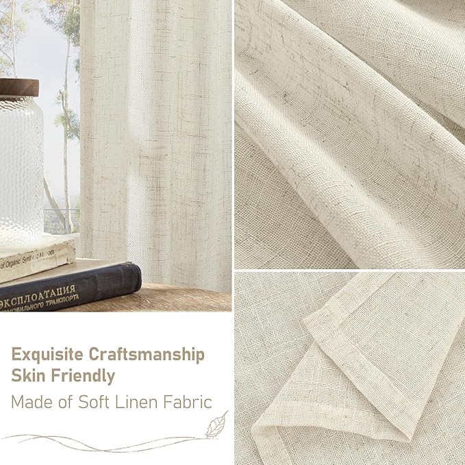 LAMIT Semi Sheer 48 Inch Linen Curtains for Cafe 2 Panels, Cream Ivory Light Filtering Panels Back Tab and Rod Pocket Neutral Drapes for Small Window/Loft Room, 34 x 48 Inch