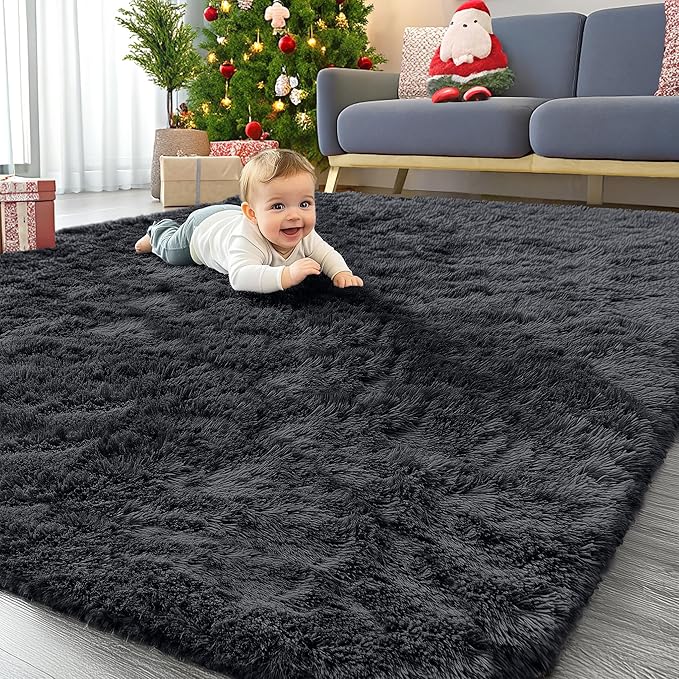 OLANLY 7x7 Machine Washable Large Area Rugs for Living Room, Bedroom, Soft Fluffy Shaggy Bedside Rug, Indoor Floor Carpet for Kids Girls and Boys, Dorms, Nursery, Home Decor Aesthetic, Black