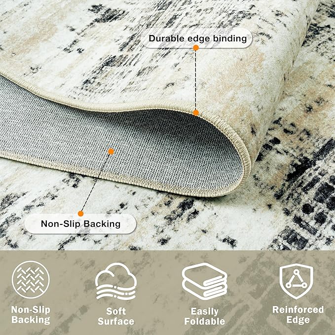 10x12 Area Rugs for Living Room Washable Rug: Anti-Skid Abstract Modern Living Room Rug Soft Thin Carpets Indoor Floor Non-Shedding Carpet for Bedroom Dining Farmhouse Nursery Black Gray Gold