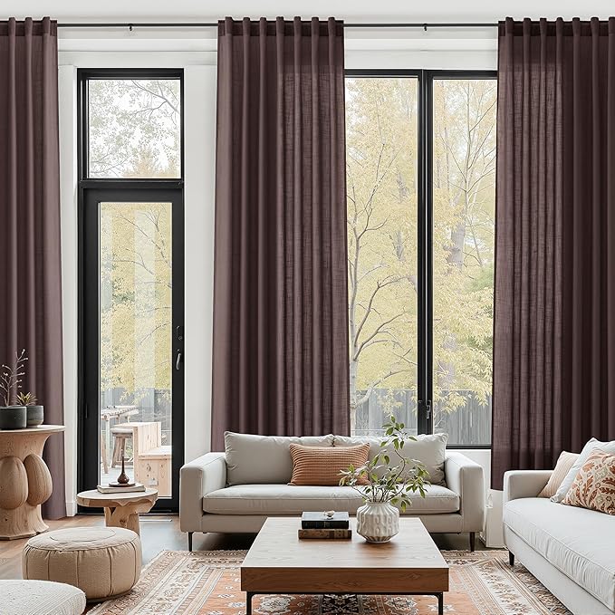 Coffee Brown Linen Curtains 80 Inch Length for Living Room Light Filtering Semi Sheer Curtain Back Tab Rod Pocket Luxury Modern Rustic Home Decor Neutral Drapes for Bedroom Dinner Room 52x80, 2 Panels