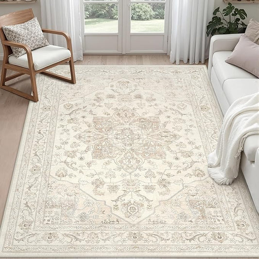 5x7 Area Rugs for Living Room: Vintage Boho Neutral Washable Rug Indoor Soft Large Area Rug Carpet for Bedroom Nursery Farmhouse Dining Room Office Floor Non-Slip Low Pile Under Table Rug Beige White