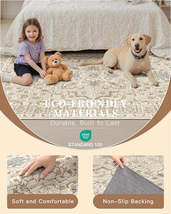 Madane Hallway Runner Rug 4x8 Wide: Washable Thin Runners for Hallways Entry, Non Slip Soft Vintage Kitchen Rugs Low Pile Carpet Runners for Living Room Bedroom Dining Room Foyer (Beige/Blue, 4x8)
