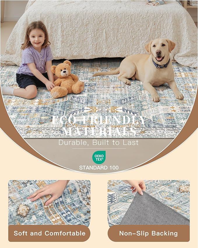 Madane Runner Rug 2x8, Washable Hallway Runner Rugs, Non-Slip Low-Pile Soft Kitchen Rug Runner Laundry Room Rug, Vintage Throw Entry Foyer Mat for Entrance Living Room (Blue/Gold, 2 x 8)