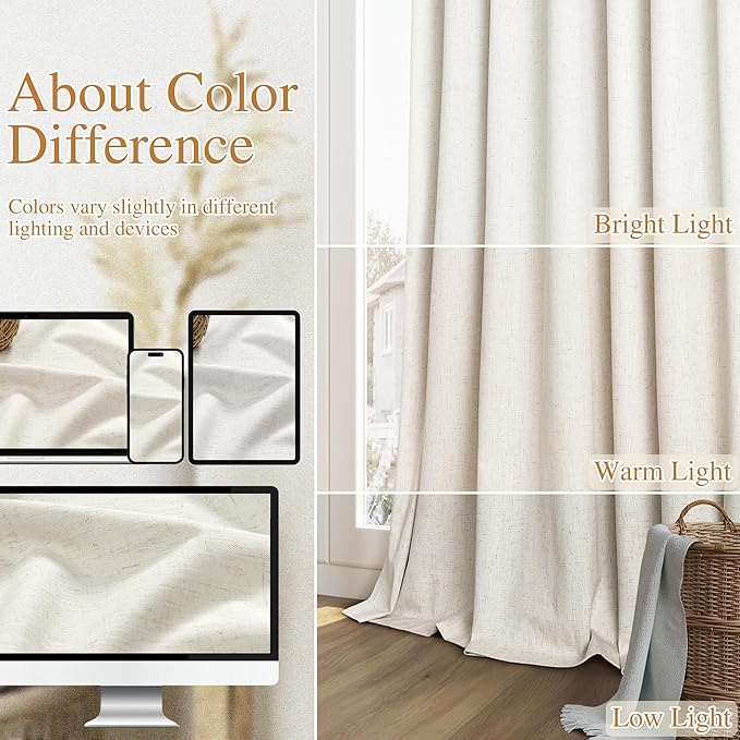 Guken Cream 100% Blackout Linen Curtains 90 Inch Length 2 Panels Set for Living Room Bedroom Back Tab Thermal Insulated Black Out Drapes Room Darkening Farmhouse Style Window Curtains 52x90