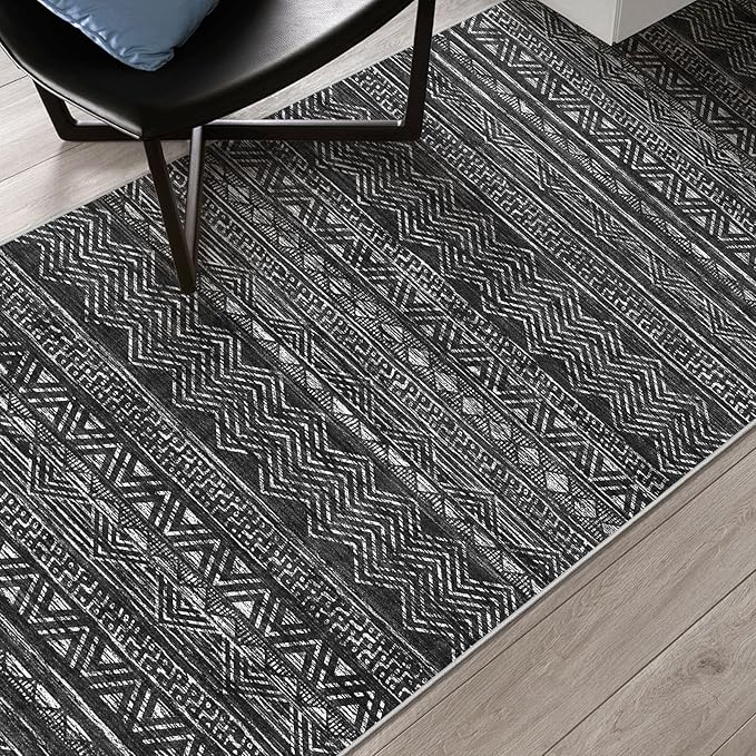4x12 Washable Hallway Runner Rug：Moroccan Non-Slip Wide Runners for Entryway Kitchen Soft Modern Geometric Low-Pile Rugs for Living Room Thin Waterproof Carpet for Bedroom Bathroom Laundry(Black,4x12)