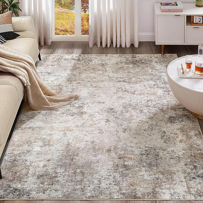 UERMEI 9x13 Area Rug Living Room Rugs Thickened - Washable Neutral Modern Abstract Soft Rug Indoor Floor No Slip Rug Carpet for Bedroom Under Dining Table Home Office Decor - Brown Grey