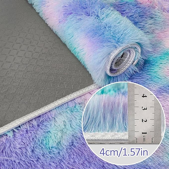 Super Soft Fluffy Living Room Area Rug 2x6 ft Purple Rainbow Tie-Dyed Shaggy Furry Carpet Washable Non-Slip Carpets Bedroom Bedside Nursery Rug Cute Colorful Room Decor for Girls