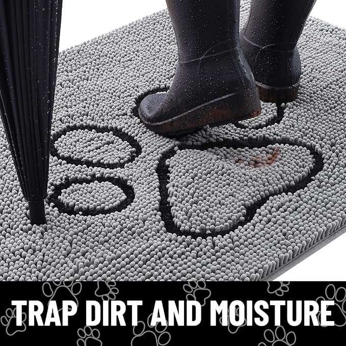 Smiry Dog Door Mat for Muddy Paws, Absorbent Dirt Trapper Non Slip Quick Dry Washable Chenille Mat for Mud Dogs, Entry Rug for Indoor and Outdoor (47x17 Inches, Grey and Black)