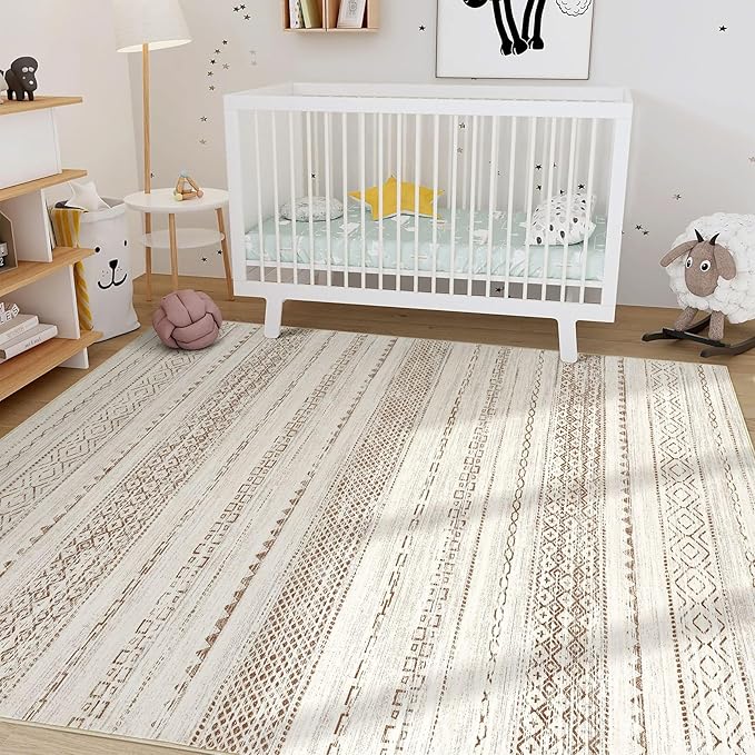 Nakagishi 7x10 Area Rug Living Room: Washable Boho Large Neutral Modern Soft Farmhouse Rugs Stain Resistant Indoor Floor Non-Slip Carpet for Bedroom Nursery Kids Playroom Office Dining Room- Brown