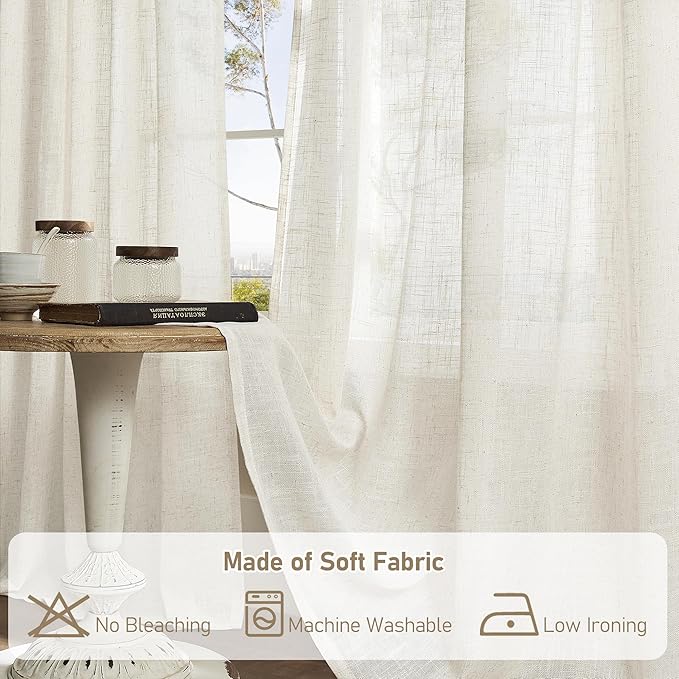 LAMIT Cafe Linen Curtains 30 Inch Length for Kitchen Windows Over Sink, Cream Ivory Semi Sheer Light Filtering Panels Back Tab and Rod Pocket Drapes for Small Window, 2 Panels, 34 x 30 Inch