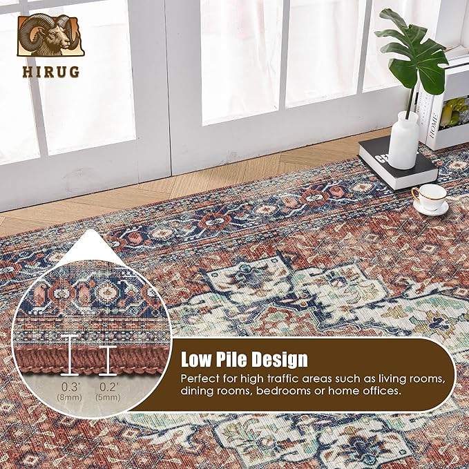 Washable Area Rug 9' x 12' Vintage Traditional Persian Mat - Foldable Distressed Non-Slip Machine Washable Carpet for Living Room Bedroom Kitchen Home Decor - Terracotta and Navy