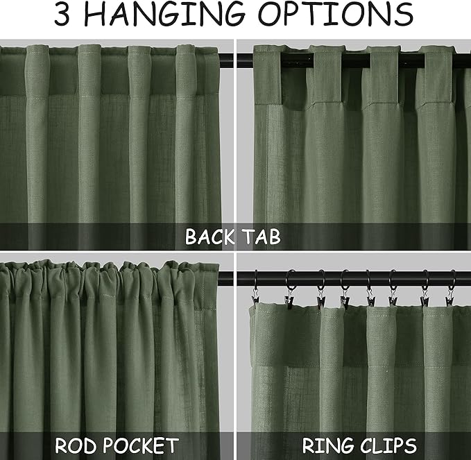 Extra Wide 100x96 Inch Linen Curtains for Living Room Divider Light Filtering Semi Sheer Patio Curtains for Sliding Door Olive Green Coastal Decor Sunroom Floor to Ceiling Window Curtain Panel