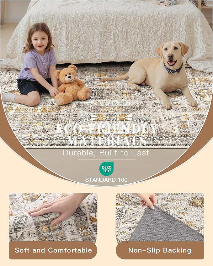 Madane Kitchen Runner Rug - 2x7 Runner Rugs with Rubber Backing Non Slip Vintage Washable Rug Runner Ultra-Thin Throw Carpet Runners for Hallways Bedroom Laundry Room(2'x7', Brown/Gold)