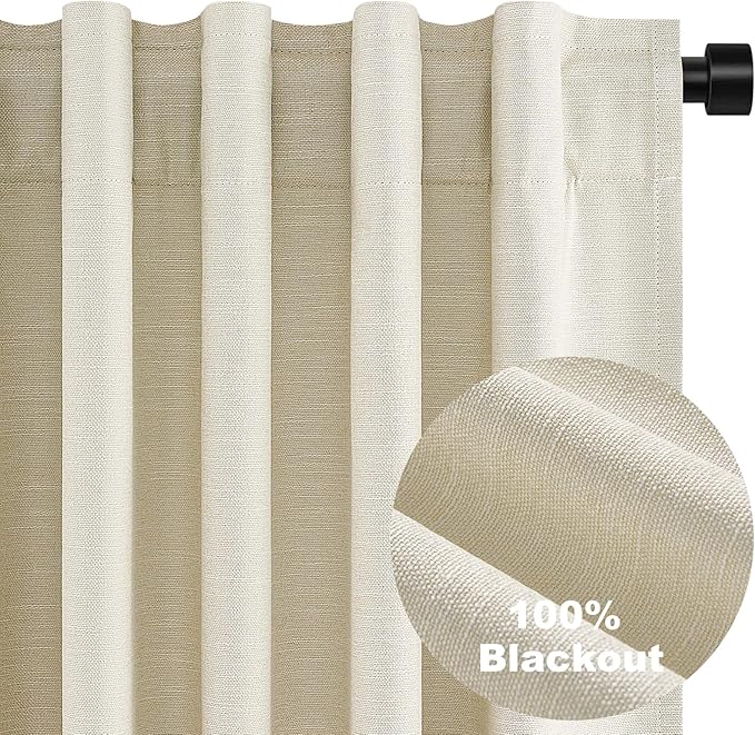 Cream Extra Long 132 Inch 100% Blackout Curtains for Livingroom Neutral Boho Linen Blend Farmhouse Curtain Drapes Sound Proof Drapes Privacy Ceiling Track Villa Bedroom 11Ft(W52 xL132 2 Panels)