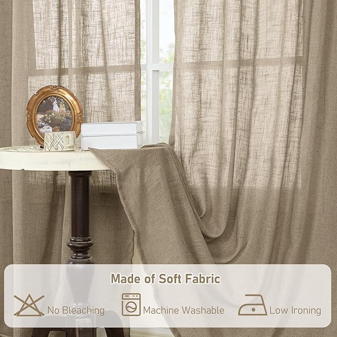 LAMIT Taupe 78 inch Linen Curtains for Living Room 2 Panels, Linen Textured Light Filtering Semi Sheer Back Tab and Rod Pocket Curtain Panels for Bedroom/Farmhouse, 52 x 78 Inch