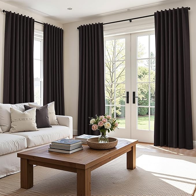 Guken Cocoa Coffee 100% Blackout Linen Curtains 120 Inch Length 2 Panels Set for Living Room Bedroom Back Tab/Rod Pocket Thermal Insulated Farmhouse Black Out Drapes Room Darkening,52x120