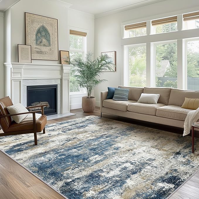BEIMO Area Rugs 10x14 for Living Room Bedroom, Modern Abstract Machine Washable Rug, Large Soft Low Pile Floor Carpet with Non Slip Backing for Dining Room, Navy Blue Beige