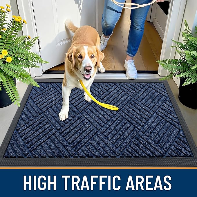 OLANLY Front Door Mat Outside Entrance 29.5x17, Absorbent, Heavy Duty Sturdy Natural Rubber Doormat Indoor Outdoor, Stain Fade Resistant, Non-Slip Low Profile Floor Mat for Entryway, Navy Blue Diamond