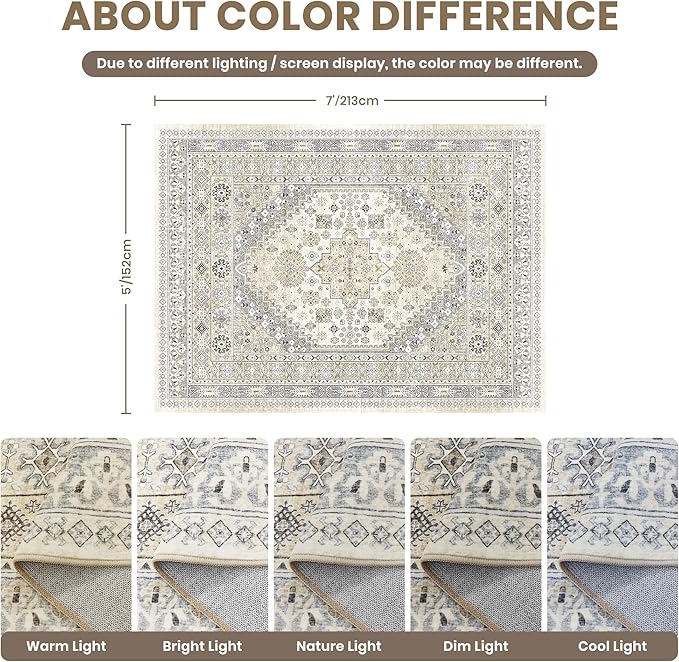 zesthome 5x7 Area Rugs - Ultra-Thin Washble Rug, Stain Resistant Anti Slip Backing Rugs for Living Room,Bedroom, Vintage Home Decor Area Rug (Beige,5'x7')
