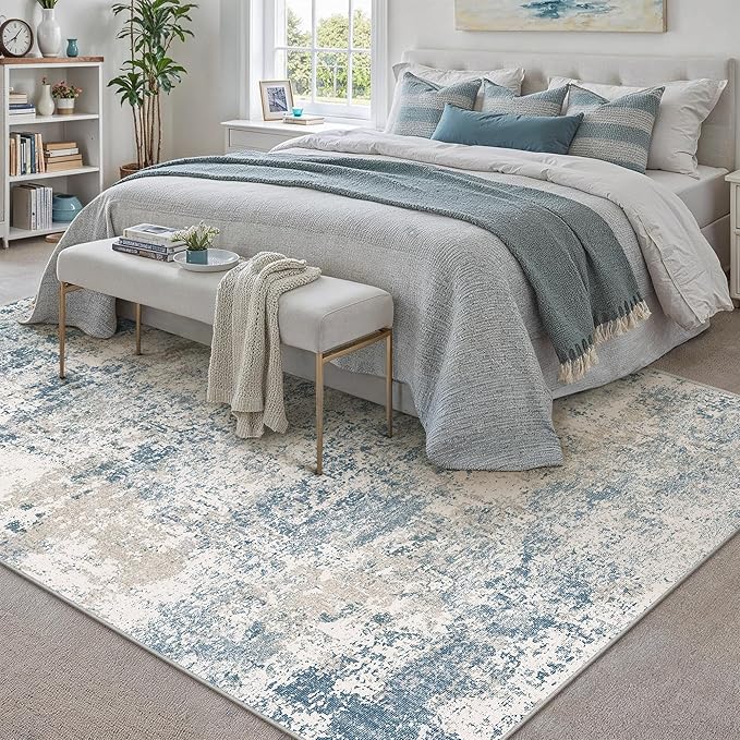 PureCozy Blue 6x9 Area Rug Washable Modern Abstract Living Room Carpet Non Slip Neutral Low Pile Soft Contemporary Aesthetic Bedroom Large Rug Indoor Office Dining Room Playroom