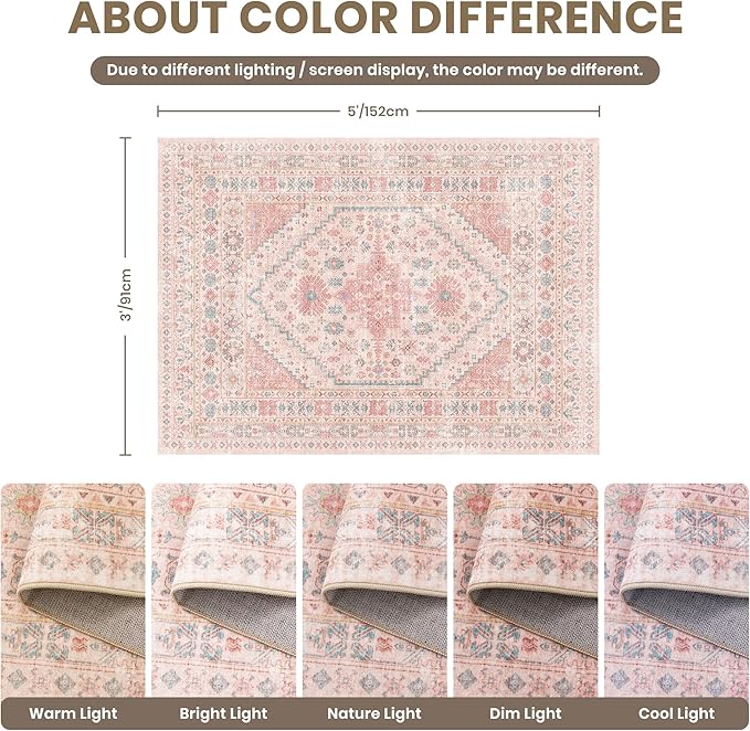 zesthome Pink Rug - 3x5 Area Rugs for Bedroom, Stain Resistant Washable Rugs for Nursery Room, Living Room, Home Decor, Girls Rug (Pink/Blue,3'x5')