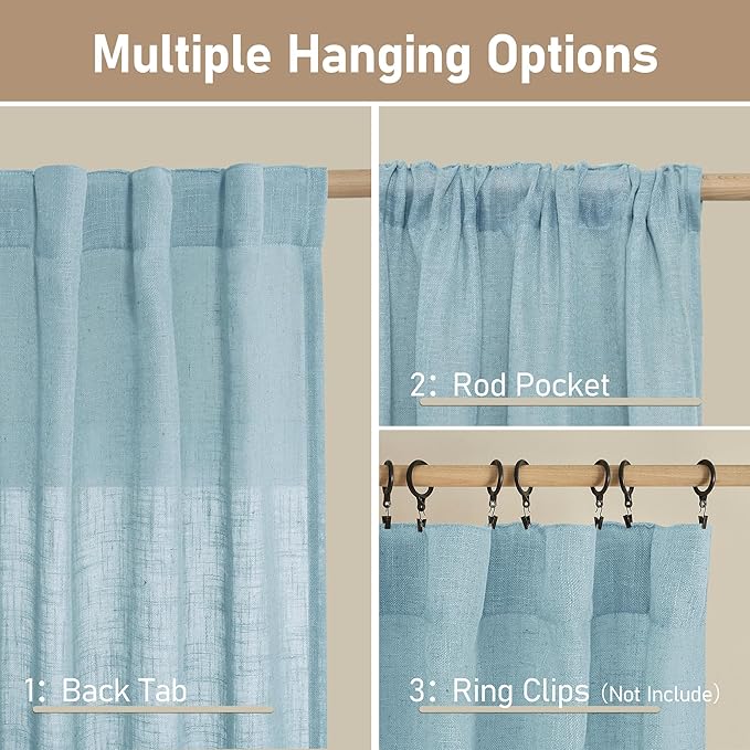 LAMIT Short Linen Curtains 30 Inch Length for Cafe, Semi Sheer Light Filtering Panels Back Tab and Rod Pocket Room Decor Drapes for Basement/Small Window, Stone Blue, 2 Panels, 34 x 30 Inch