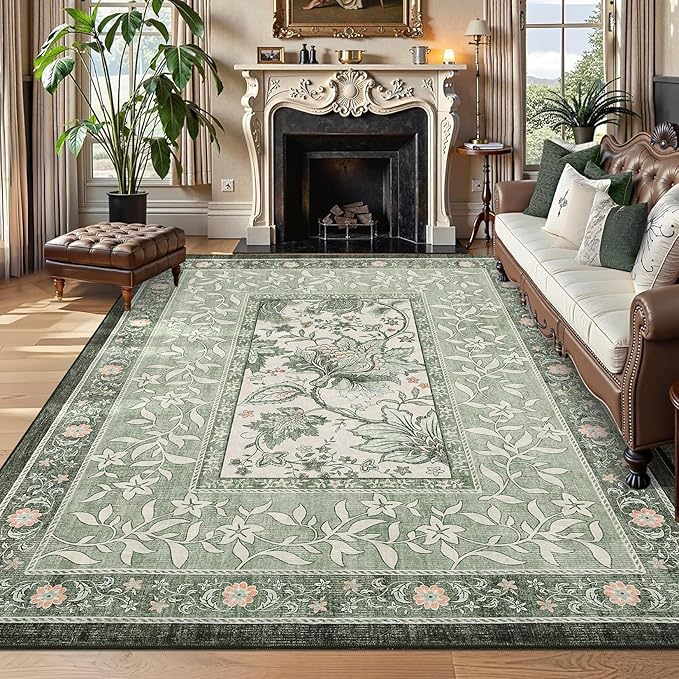 GarveeHome Provence Sage Green 6x9 Area Rugs, Botanical Grove Vintage Cottagecore Non-Slip Washable Rug for Living Room Bedroom Nursery Kitchen Low-Pile Retro Large Carpet