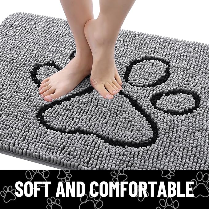 Smiry Dog Door Mat for Muddy Paws, Absorbent Dirt Trapper Non Slip Quick Dry Washable Chenille Mat for Mud Dogs, Entry Rug for Indoor and Outdoor (40x32 Inches, Grey and Black)