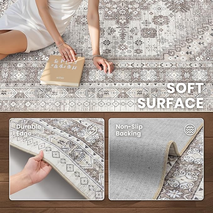 zesthome 8x10 Area Rugs for Living Room,Non-Slip Backing Washable Rugs,Vintage Large Area Rug，Stain Resistant Home Decor Rug (Brown/Beige,8'x10')