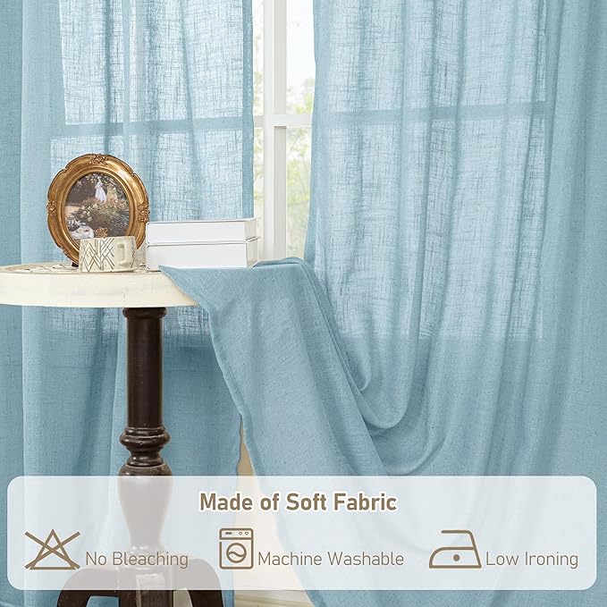 LAMIT 36 Inch Length Linen Curtains for Small Windows, Semi Sheer Light Filtering Panels Back Tab and Rod Pocket Country Decor Drapes for Basement/Kitchen, Stone Blue, 2 Panels, 34 x 36 Inch