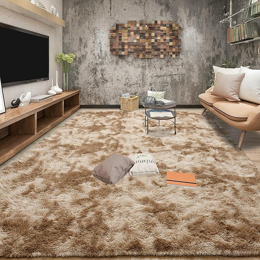 Tepook Fluffy Large Rugs for Living Room, Shag Area Rug 6x9 Soft Carpet for Bedroom, Modern Shaggy Rug for Kids Boys Girls, Plush Indoor Nursery Home Decor Rug with Non-Slip Bottom, Tie-Dyed Beige